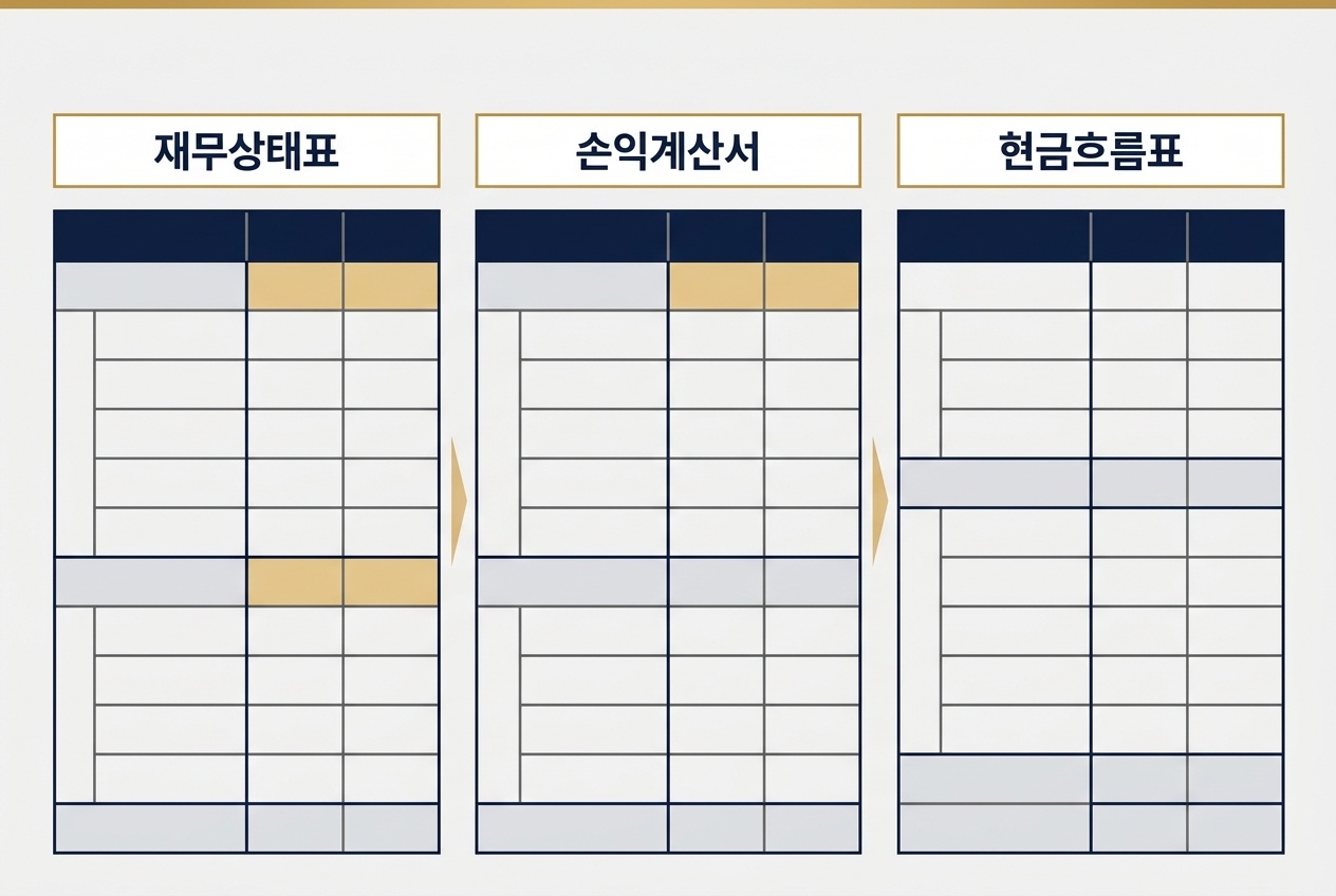 재무제표의 기본 구성을 세 가지 표로 나누어 정리한 이미지