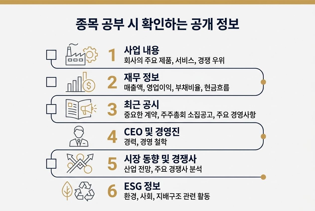 종목을 공부할 때 확인하는 공개 정보 항목을 목록으로 나열한 이미지