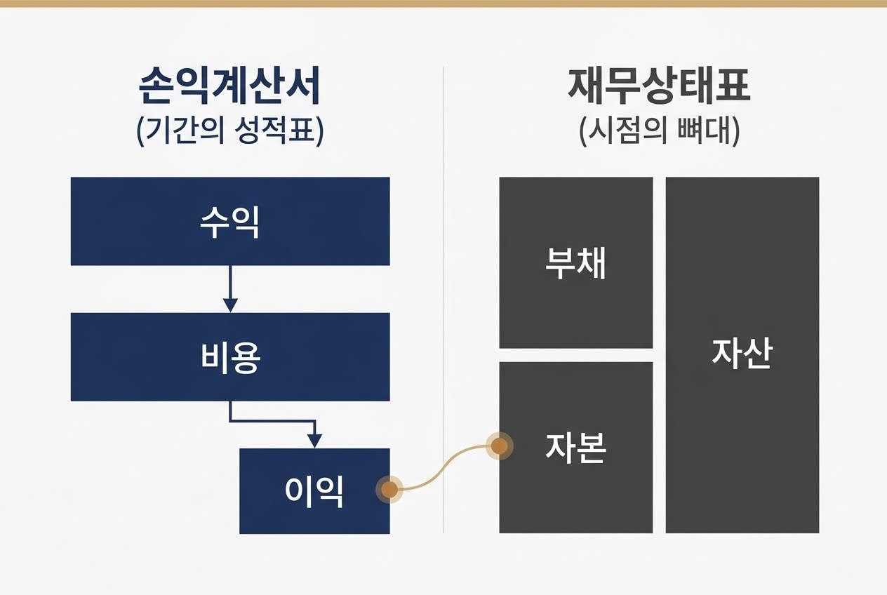 손익계산서와 재무상태표의 주요 항목을 좌우로 비교한 도식 이미지